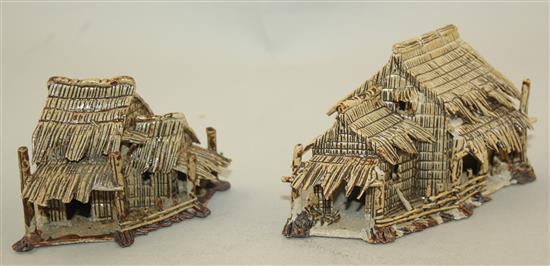 Ten Japanese stoneware models of houses, boats and bridges, early 20th century, tallest 9cm